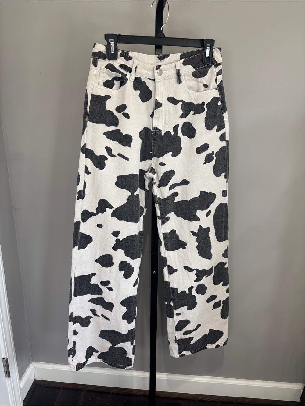 High Rise Cow Print Wide Leg Denim Pants Faded Black and White Print Size Medium